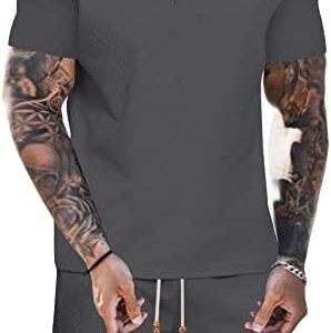 OYOZONE Men's Short Sets 2 Piece Outfits Fashion Summer Tracksuits Casual Short Sleeve Waffle Henley Shirt Drawstring Shorts