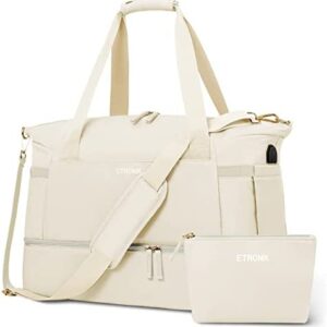 Gym Bag for Women, Sports Travel Duffel Bag with USB Charging Port, Weekender Overnight Bag with Wet Pocket and Shoes Compartment for Women, Travel, Gym, Yoga (Beige)