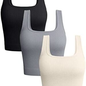 OQQ Women's 3 Piece Tank Tops Ribbed Seamless Workout Exercise Shirts Yoga Crop Tops