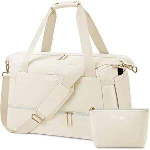 Weekender Bag for Women, Travel Bag with Shoe Compartment & USB Charging Port, Gym Bag with Wet Compartment, Overnight Duffel Bag Hospital Bag for Women Travel Sports Shopping (Off White)