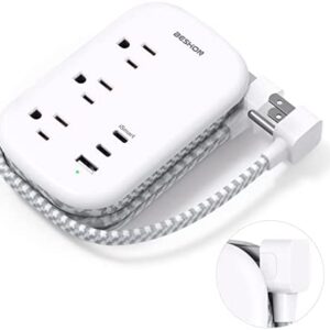 Flat Plug Power Strip, USB C Travel Power Strip Ultra Flat Extension Cord - 3 Outlets with 3 USB Ports(2 USB C), 3.2ft Wrapped Around Extension Cord for Cruise Ship, Travel, Dorm Room Essentials