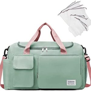 NPBAG Duffel Bag for Women, Sports Gym Bag with Wet Pocket & Shoes Compartment, Lightweight Weekender for Overnight, Travel Carry on Tote, Water Resistant (Light Green with Pink Handles)