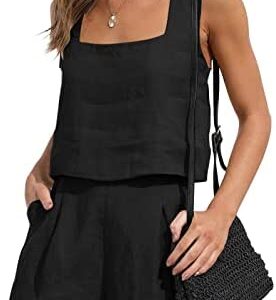 AUTOMET Womens 2 Piece Outfits Lounge Matching Sets Two Piece Linen Shorts Crop Tops 2023 Trendy Clothes Summer Vacation Set
