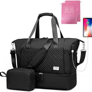 Gym Bag for Women, Sports Duffel Bag with USB Charging Port, Dance Bag with Shoes Compartment, Weekender Bag for Travel, Gym, Yoga, School（Black）
