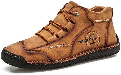 Govicta Mens Leather Ankle Chukka Boots Casual Shoes Loafers Flat Shoes Vintage Hand Stitching Comfort Soft Breathable Lace-up Lightweight Fashionable Flats Oxford Shoes