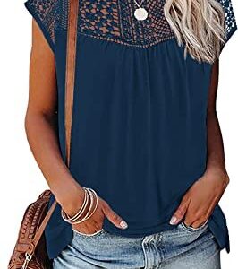 ETCYY Womens Cap Sleeve Tops 2023 Trendy Floral Print Summer Tops Loose Fit Lace T Shirts Blouses