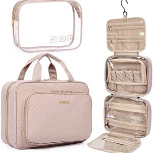 BAGSMART Toiletry Bag Hanging Travel Makeup Organizer with TSA Approved Transparent Cosmetic Bag Makeup Bag for Full Sized Toiletries (Baby Pink, Medium)