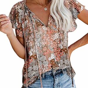 SimpleFun Women's Boho Tops Floral V Neck Short Sleeve Summer Blouse Shirts
