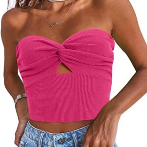 EFAN Womens Cut Out Twist Knot Front Tube Tops Bandeau Ribbed Knit Y2K Sexy Strapless Crop Tank Bustier Corset Top