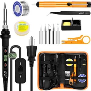 Soldering Iron Kit 80W LCD Adjustable Temperature 180-520℃ Solder Kit Electronics 13 in 1 Welding Tools with ON/OFF Switch, Solder Wire, Flux, 5 Soldering Tips, Desoldering Pump, Stand, Tweezers