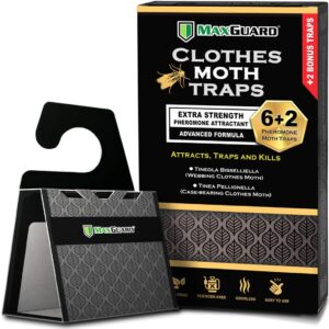MaxGuard Clothes Moth Traps (6+2 Free Traps) with Extra Strength Pheromones | Non-Toxic Sticky Glue Trap for Closets and Carpet Moths | No Mothballs | Lure, Trap and Kill Case-Bearing Webbing Moths |