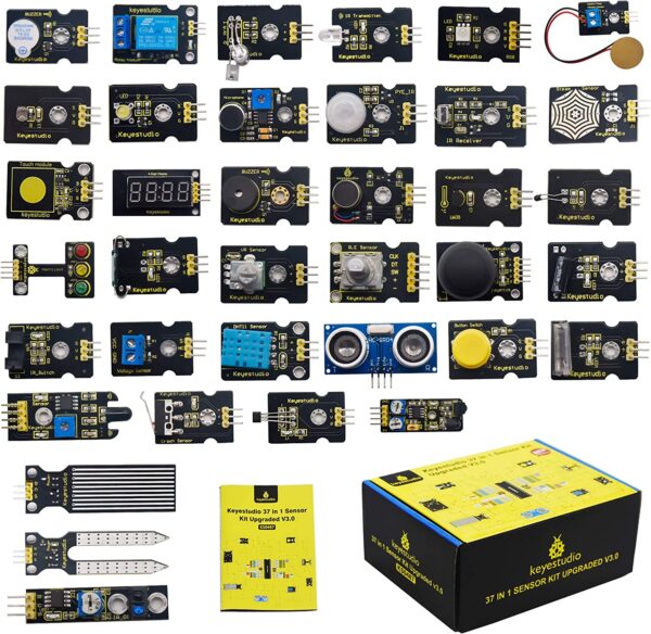 KEYESTUDIO 37 in 1 Sensor Kit 37 Sensors Modules Starter Kit for Arduino Mega R3 2560 Raspberry Pi Programming, Electronics Components STEM Education Set for Kids Teens Adults + Tutorial
